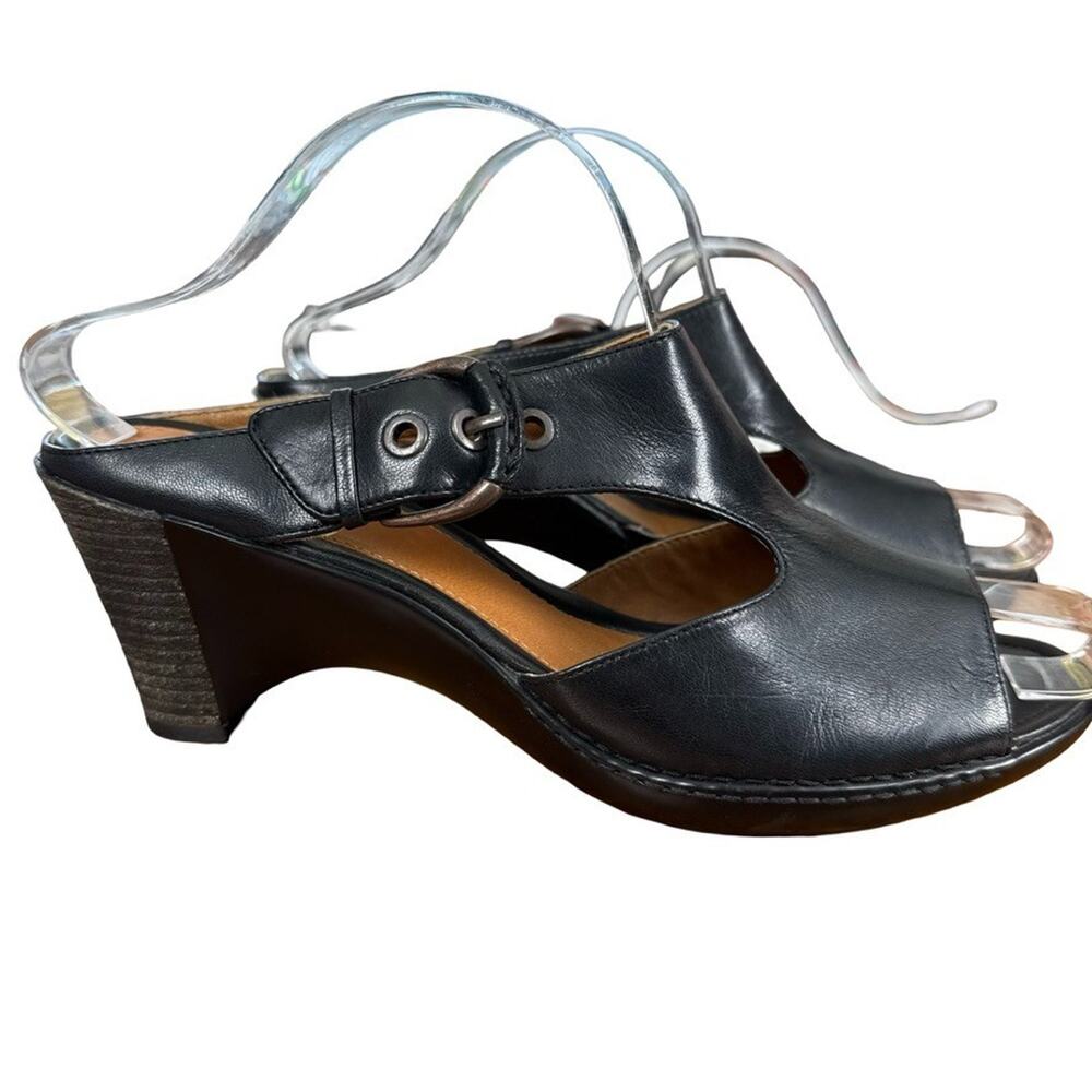 Geox Resbira Black Wedge Heels Leather Peep Toe Sandals Shoes Mules sz 41 / 11